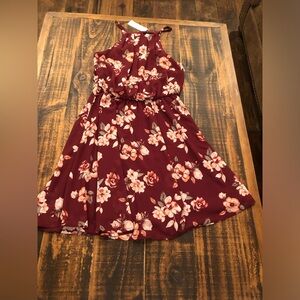 Blue Rain Burgundy Floral Halter Dress with Cream Blooms